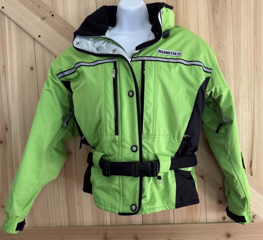 Obermyer Neon Green Multi Zip Pockets Reflective Stripes Ski Jacket Sz 12